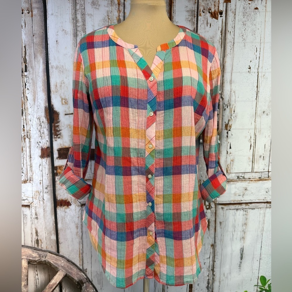 Talbots Gauzy Colorful Check Plaid Blouse Button Up Long Tab Sleeve Size Medium